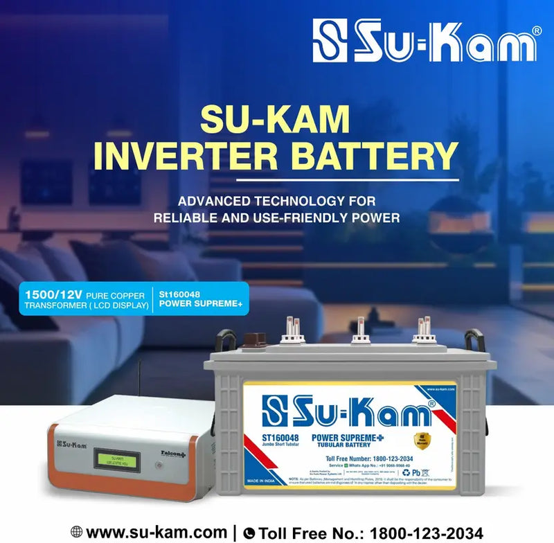 Su-Kam 48 Months Warranty Tubular Inverter Battery  (160 Ah, Power Supreme ST160048 With Falcon+1500(LCD&Copper Transformer))